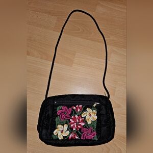 Velvety Floral Embroidered Black Shoulder Handbag Purse 9x6x4 New
